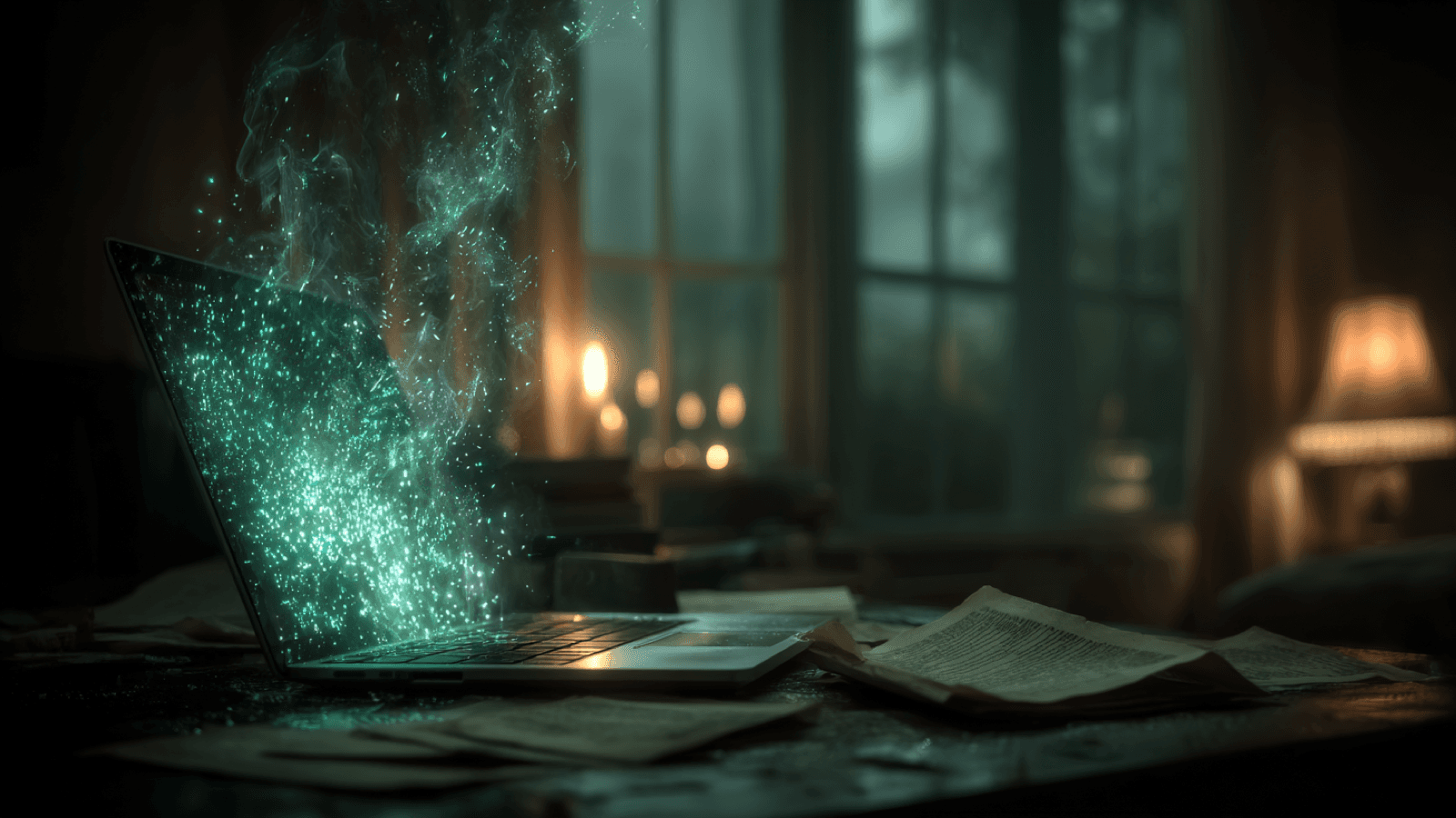 Personal data streaming out of a laptop screen as glowing green particles at night — the digital footprint left behind by AI tools
