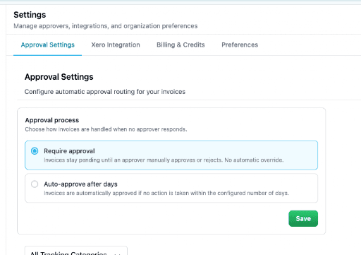 Approval Settings screen showing the new Require approval option alongside Auto-approve after days.
