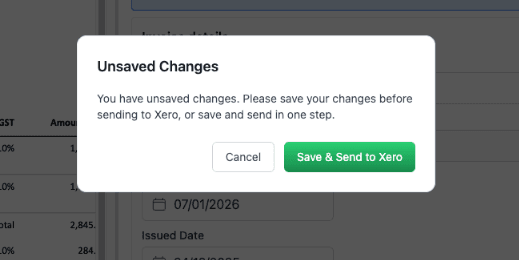 Unsaved Changes pop-up with Cancel and Save & Send to Xero buttons.