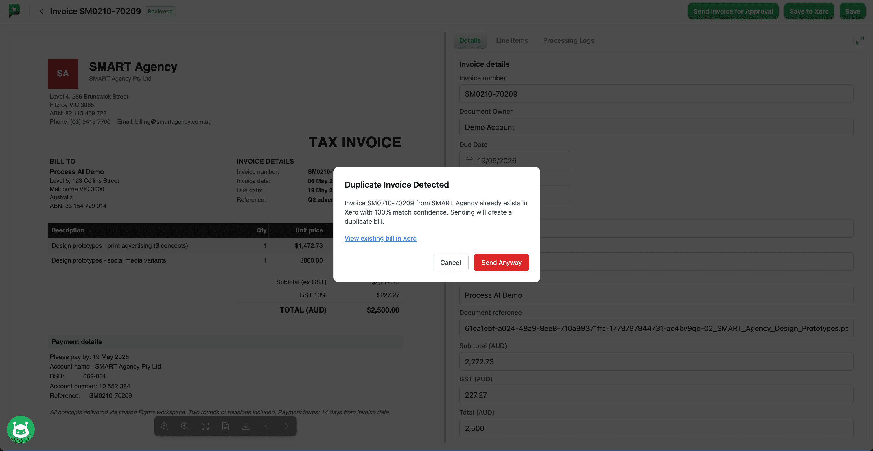 Duplicate Invoice Detected pop-up shown when sending an invoice that already exists in Xero.
