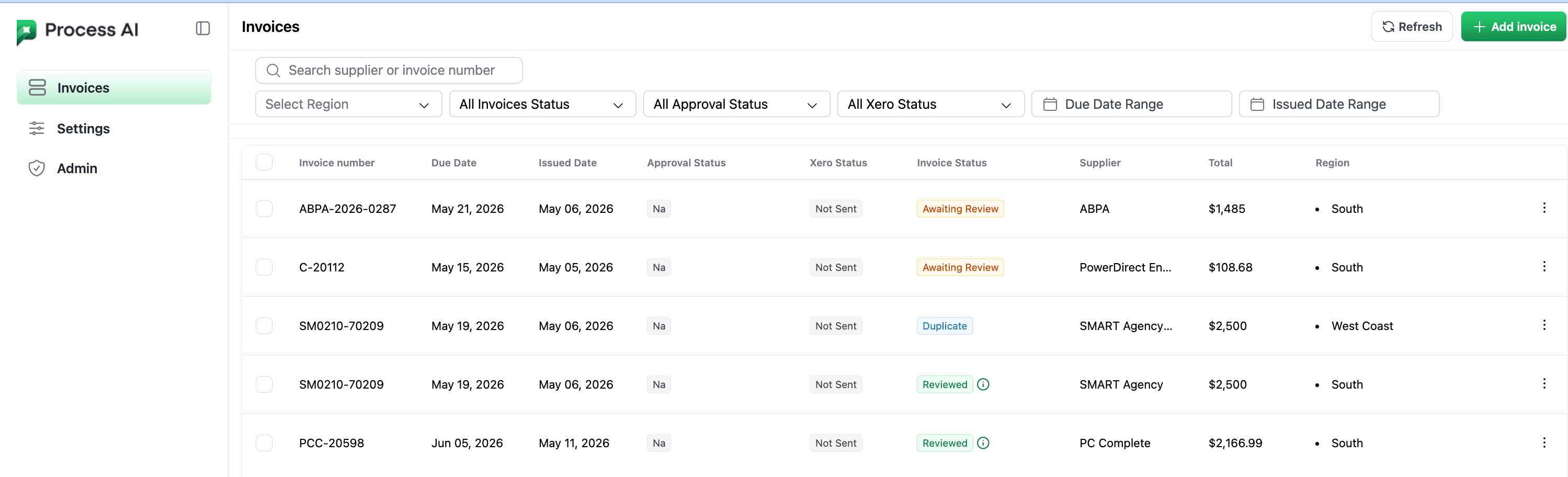 Invoices dashboard showing a Duplicate status tag in the Invoice Status column alongside Awaiting Review and Reviewed tags.