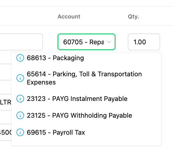 Line item accounts dropdown showing account codes alongside full account names that wrap to fit.