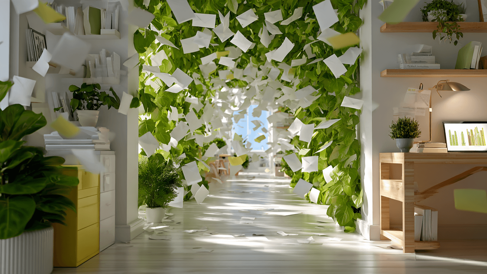 Hundreds of papers flying down a bright, plant-lined office corridor towards a sunlit window: the stream of small decisions AI can now sort through