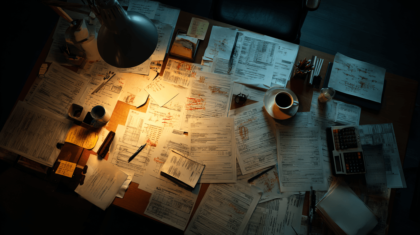 Desk buried in paper spreadsheets and bank statements